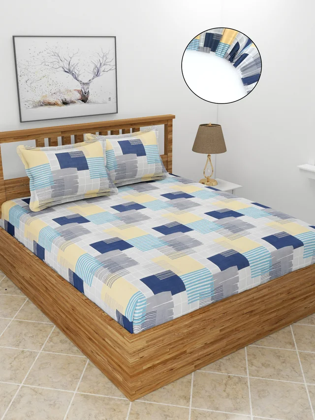 MORADO Premium Glace Cotton Elastic Fitted Double Bedsheet with 2 Pillow Covers (72x78x10 Inches, Blue Yellow) - 72x78x10 Inches, Blue