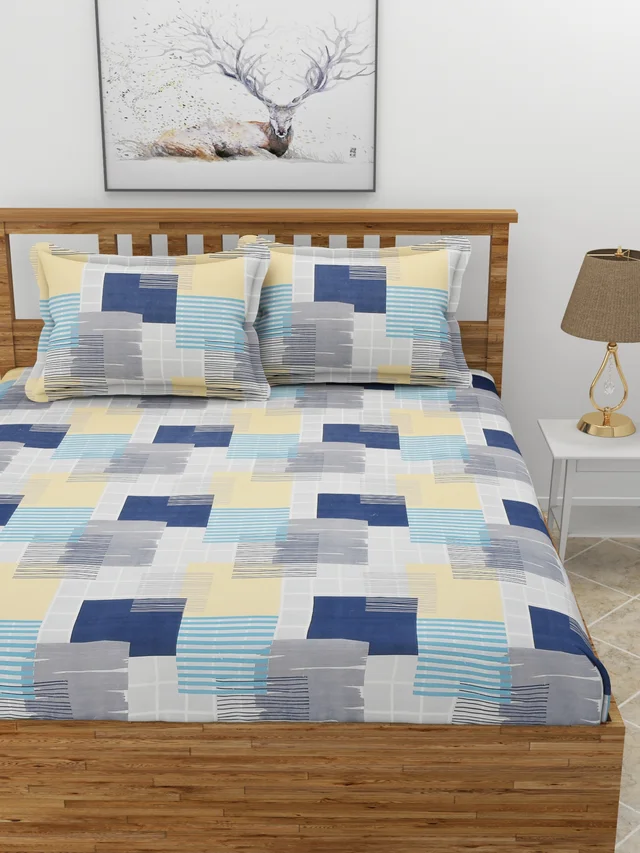 MORADO Premium Glace Cotton 210 GSM King Size Double Bedsheet with 2 Pillow Covers (108x108, Inches) - 108x108 Inches, Blue