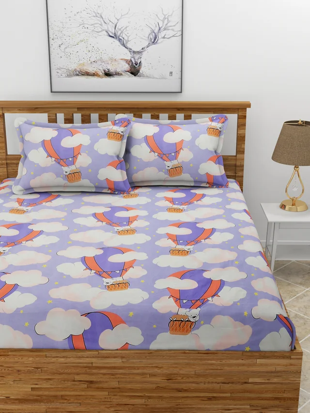 MORADO Premium Glace Cotton Double Bedsheet with 2 King Size Pillow Covers (90x100, Inches) - 90x100 Inches, Purple