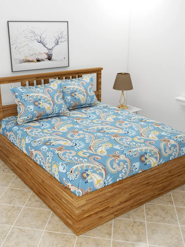 MORADO Premium Glace Cotton Double Bedsheet with 2 King Size Pillow Covers (90x100, Inches) - 90x100 Inches, Blue
