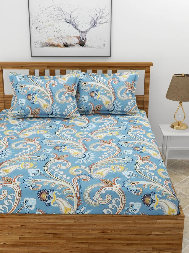 MORADO Premium Glace Cotton Double Bedsheet with 2 King Size Pillow Covers (90x100, Inches) - 90x100 Inches, Blue