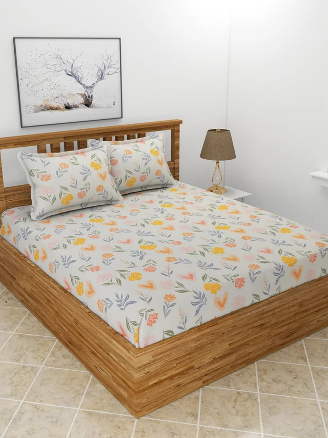 MORADO Premium Glace Cotton Double Bedsheet with 2 King Size Pillow Covers (90x100, Inches) - 90x100 Inches, Offwhite
