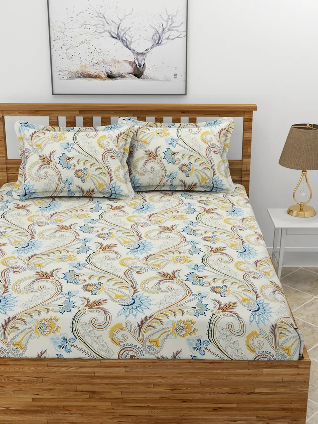 MORADO Premium Glace Cotton Double Bedsheet with 2 King Size Pillow Covers (90x100, Inches) - 90x100 Inches, Blue