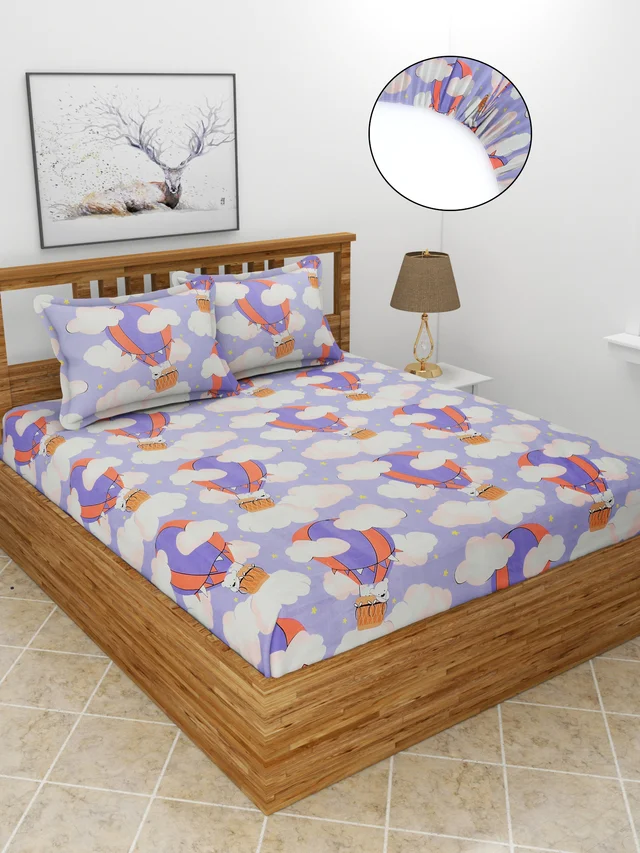 MORADO Premium Glace Cotton Elastic Fitted Double Bedsheet with 2 King Size Pillow Covers (72x78x8 Inches, Purple) - 72x78x8 Inches