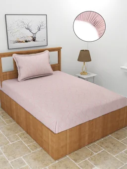 MORADO Premium Glace Cotton Elastic Fitted Single Bedsheet with 1 King Size Pillow Cover (36x72x8 Inches, Pink) - 36x72x8 Inches, Pink