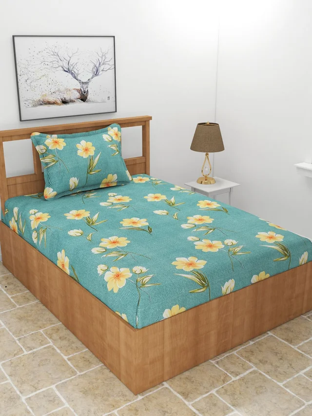 MORADO Premium Glace Cotton 210 TC Elastic Fitted Single Bedsheet with 1 Pillow Cover (36x72x8 Inches) - 36x72x8 Inches