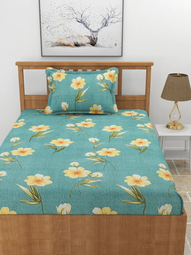 MORADO Premium Glace Cotton 210 TC Elastic Fitted Single Bedsheet with 1 Pillow Cover (36x72x8 Inches) - 36x72x8 Inches