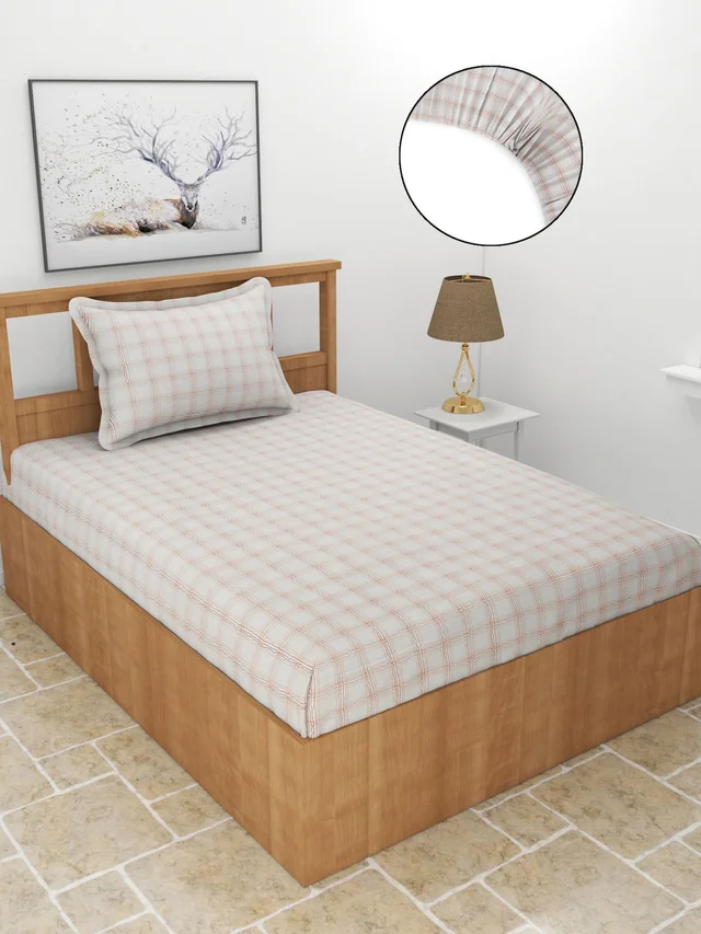 MORADO Premium Glace Cotton 210 TC Elastic Fitted Single Bedsheet with 1 Pillow Cover (36x72x8 Inches) - 36x72x8 Inches