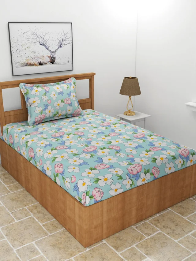 Morado MORADO Premium Glace Cotton 210 TC Elastic Fitted Single Bedsheet with 1 Pillow Cover (36x72x8 Inches)