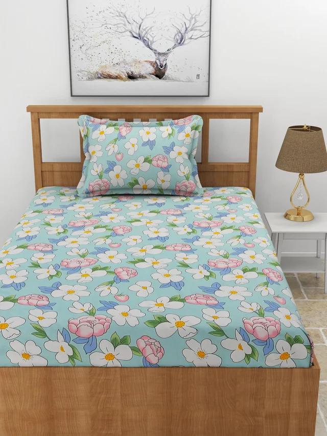 Morado MORADO Premium Glace Cotton 210 TC Elastic Fitted Single Bedsheet with 1 Pillow Cover (36x72x8 Inches)