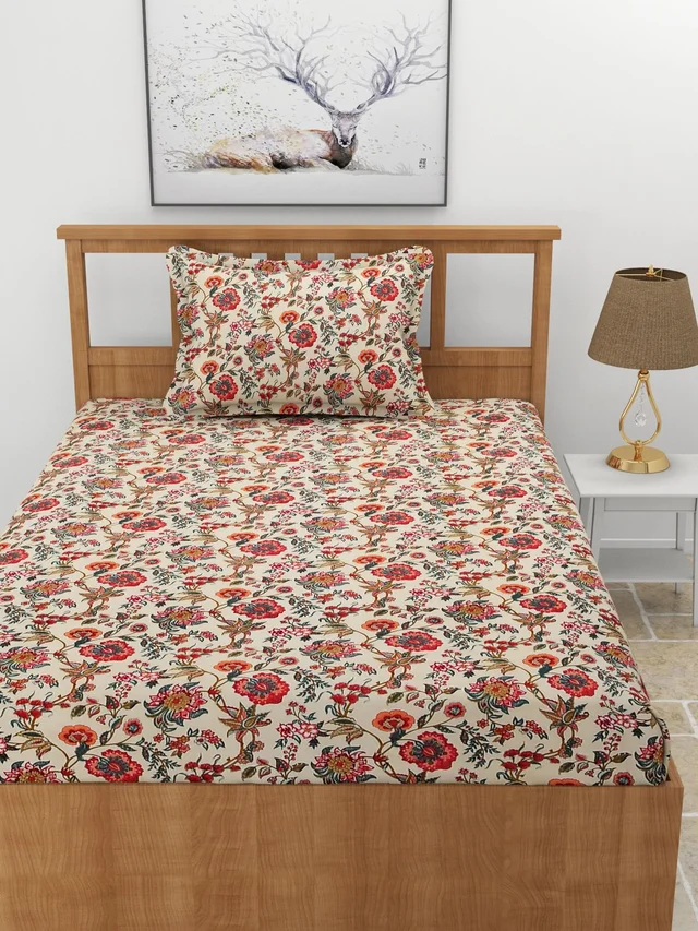 Morado MORADO Premium Glace Cotton 210 TC Elastic Fitted Single Bedsheet with 1 Pillow Cover (36x72x8 Inches)