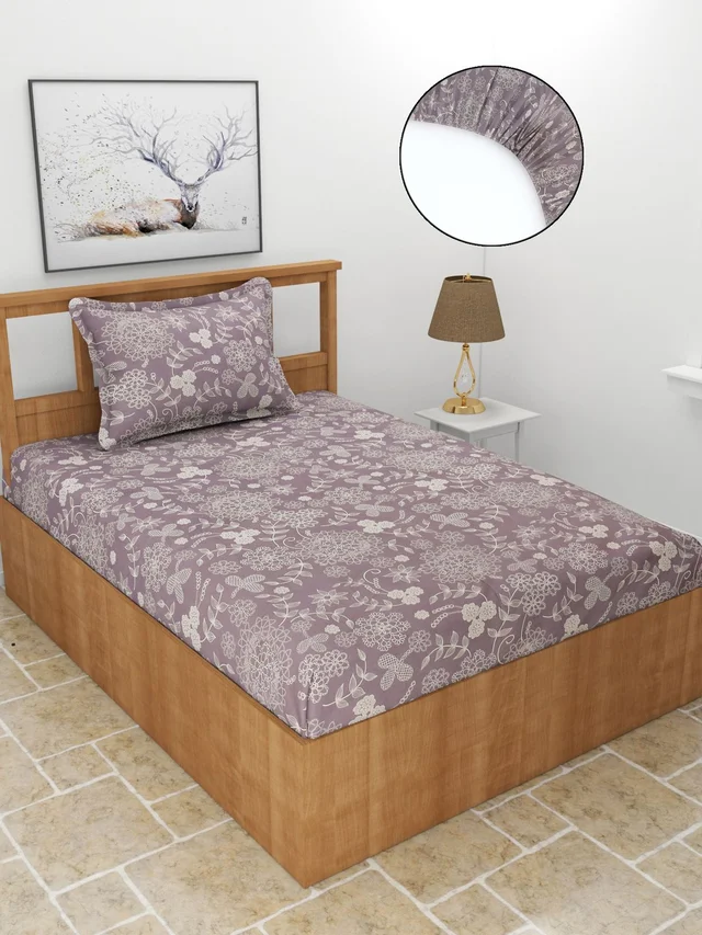 Morado MORADO Premium Glace Cotton 210 TC Elastic Fitted Single Bedsheet with 1 Pillow Cover (36x72x8 Inches)