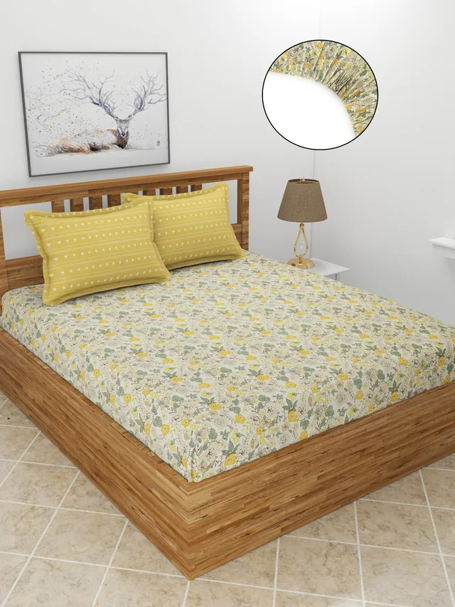 MORADO Premium Glace Cotton King Size Elastic Fitted Bedsheet with 2 Pillow Covers (72x78x8 Inches, Yellow) - 72x78x10 Inches, Yellow