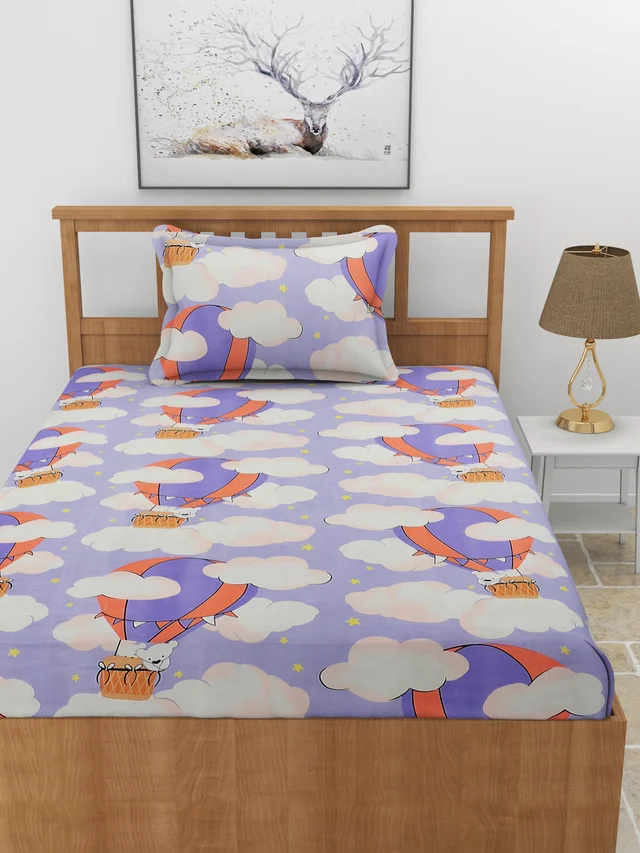 MORADO Premium Glace Cotton Elastic Fitted Single Bedsheet with 1 King Size Pillow Cover (36x72x8 Inches, Sky Blue) - 36x72x8 Inches