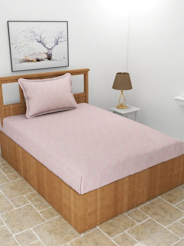 MORADO Premium Glace Cotton Elastic Fitted Single Bedsheet with 1 King Size Pillow Cover (36x72x8 Inches, Pink) - 36x72x8 Inches, Pink