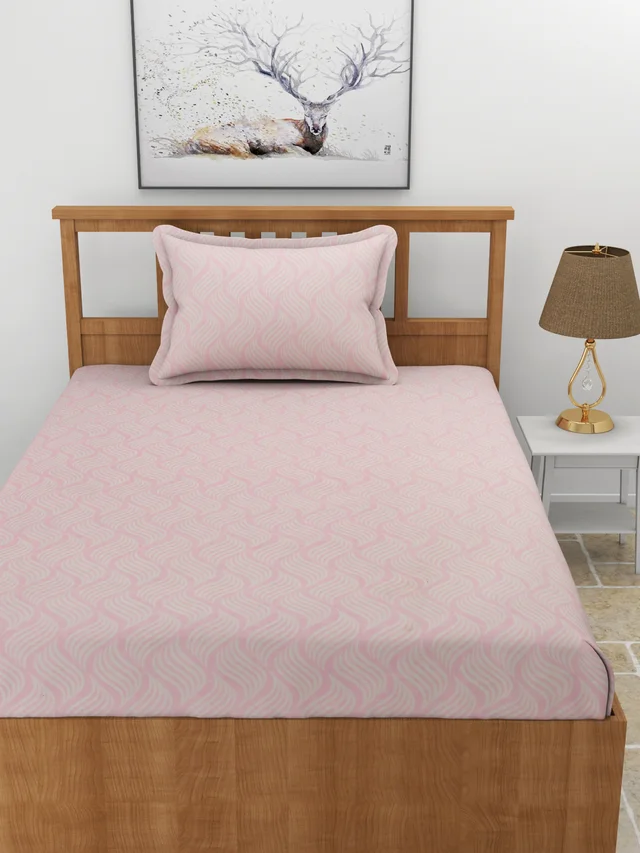 MORADO Premium Glace Cotton Elastic Fitted Single Bedsheet with 1 King Size Pillow Cover (36x72x8 Inches, Pink) - 36x72x8 Inches, Pink