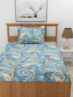 MORADO Premium Glace Cotton Elastic Fitted Single Bedsheet with 1 King Size Pillow Cover (36x72x8 Inches, Blue) - 36x72x8 Inches, Blue