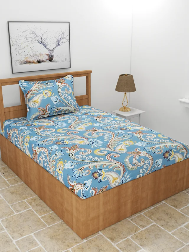 MORADO Premium Glace Cotton Elastic Fitted Single Bedsheet with 1 King Size Pillow Cover (36x72x8 Inches, Blue) - 36x72x8 Inches, Blue