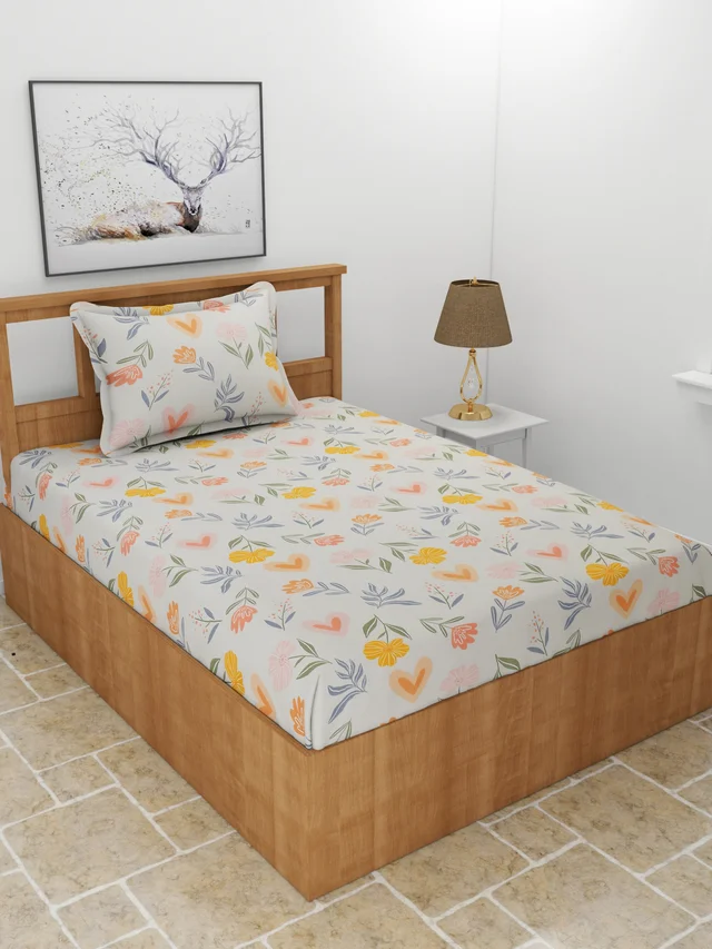 MORADO Premium Glace Cotton Single Bedsheet with 1 King Size Pillow Cover (60x90, Inches) - 60x90 Inches, Offwhite