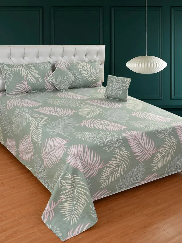 MORADO Glace Cotton 5 Pcs with Beautiful White Pompom Lace Bedding Set | Double Bed Size Bedsheet with 2 Pillow Covers and 2 Filled Cushions (90x100 Inches - Green) - 90x100 Inches, Green