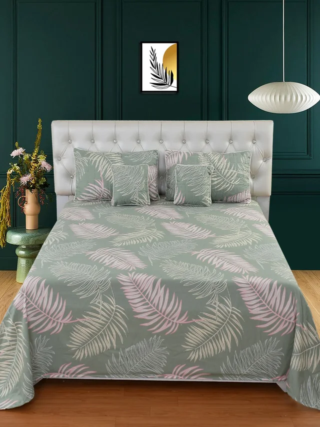 MORADO Glace Cotton 5 Pcs with Beautiful White Pompom Lace Bedding Set | Double Bed Size Bedsheet with 2 Pillow Covers and 2 Filled Cushions (90x100 Inches - Green) - 90x100 Inches, Green