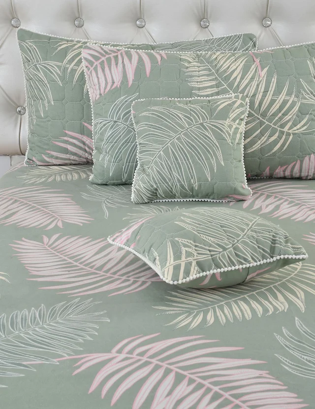 MORADO Glace Cotton 5 Pcs with Beautiful White Pompom Lace Bedding Set | Double Bed Size Bedsheet with 2 Pillow Covers and 2 Filled Cushions (90x100 Inches - Green) - 90x100 Inches, Green