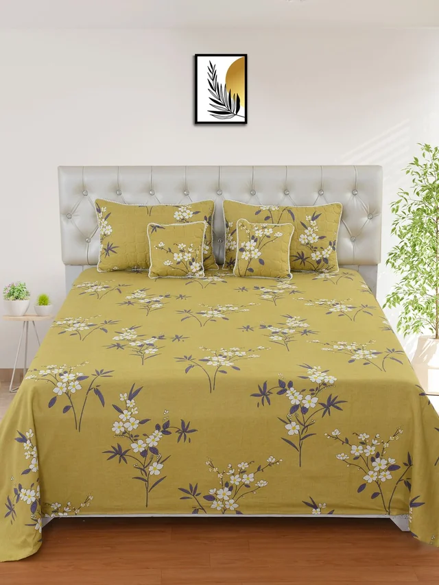 MORADO Glace Cotton 5 Pcs with Beautiful White Pompom Lace Bedding Set | Double Bed Size Bedsheet with 2 Pillow Covers and 2 Filled Cushions (90x100 Inches - Green) - 90x100 Inches, Green