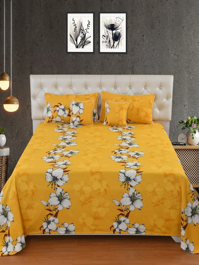 MORADO Glace Cotton 5 Pcs with Beautiful White Pompom Lace Bedding Set | Double Bed Size Bedsheet with 2 Pillow Covers and 2 Filled Cushions (90x100 Inches - Mustard) - 90x100 Inches, Mustard