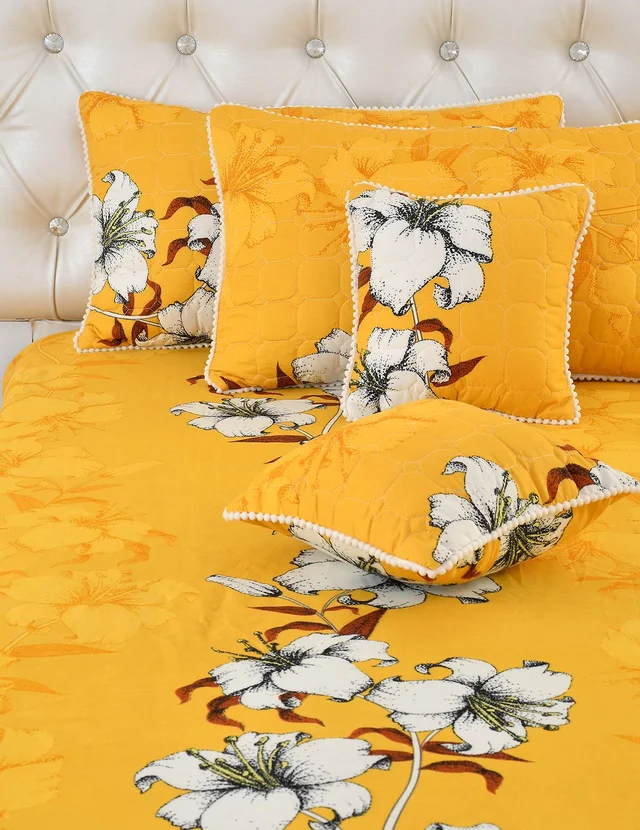 MORADO Glace Cotton 5 Pcs with Beautiful White Pompom Lace Bedding Set | Double Bed Size Bedsheet with 2 Pillow Covers and 2 Filled Cushions (90x100 Inches - Mustard) - 90x100 Inches, Mustard