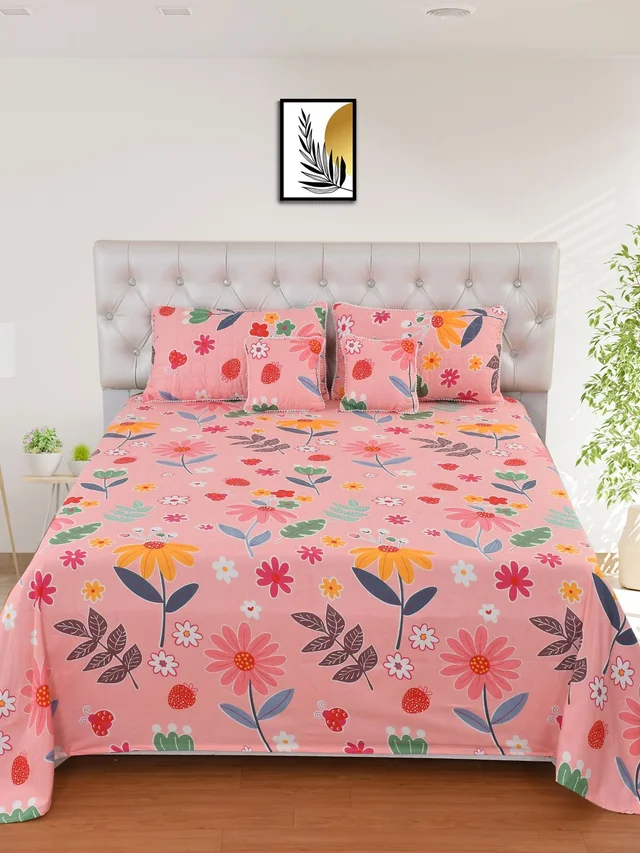 MORADO Glace Cotton 5 Pcs with Beautiful White Pompom Lace Bedding Set | Double Bed Size Bedsheet with 2 Pillow Covers and 2 Filled Cushions (90x100 Inches - Pink) - 90x100 Inches, Pink