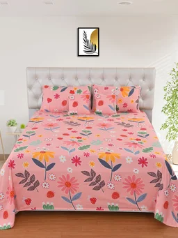 MORADO Glace Cotton 5 Pcs with Beautiful White Pompom Lace Bedding Set | Double Bed Size Bedsheet with 2 Pillow Covers and 2 Filled Cushions (90x100 Inches - Pink) - 90x100 Inches, Pink