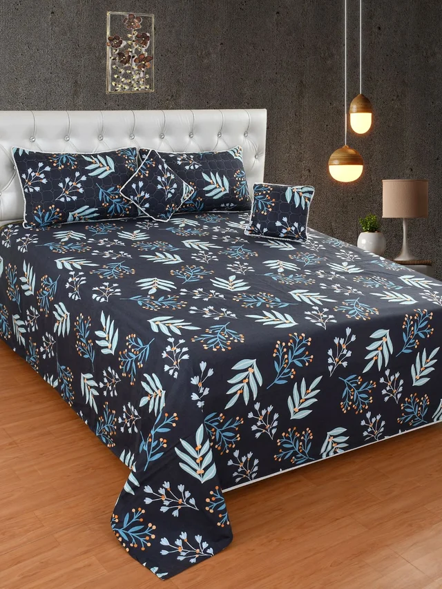 MORADO Glace Cotton 5 Pcs with Beautiful White Pompom Lace Bedding Set | Double Bed Size Bedsheet with 2 Pillow Covers and 2 Filled Cushions (90x100 Inches - Dark Blue) - 90x100 Inches, Dark Blue
