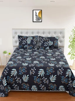 MORADO Glace Cotton 5 Pcs with Beautiful White Pompom Lace Bedding Set | Double Bed Size Bedsheet with 2 Pillow Covers and 2 Filled Cushions (90x100 Inches - Dark Blue) - 90x100 Inches, Dark Blue