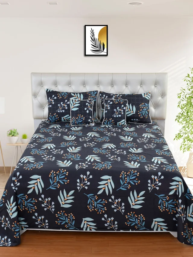 MORADO Glace Cotton 5 Pcs with Beautiful White Pompom Lace Bedding Set | Double Bed Size Bedsheet with 2 Pillow Covers and 2 Filled Cushions (90x100 Inches - Dark Blue) - 90x100 Inches, Dark Blue
