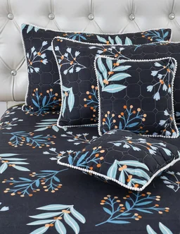 MORADO Glace Cotton 5 Pcs with Beautiful White Pompom Lace Bedding Set | Double Bed Size Bedsheet with 2 Pillow Covers and 2 Filled Cushions (90x100 Inches - Dark Blue) - 90x100 Inches, Dark Blue