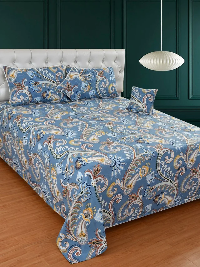 MORADO Glace Cotton 5 Pcs with Beautiful White Pompom Lace Bedding Set | Double Bed Size Bedsheet with 2 Pillow Covers and 2 Filled Cushions (90x100 Inches - Blue) - 90x100 Inches, Blue