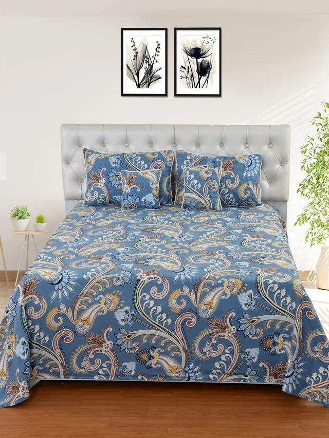 MORADO Glace Cotton 5 Pcs with Beautiful White Pompom Lace Bedding Set | Double Bed Size Bedsheet with 2 Pillow Covers and 2 Filled Cushions (90x100 Inches - Blue) - 90x100 Inches, Blue