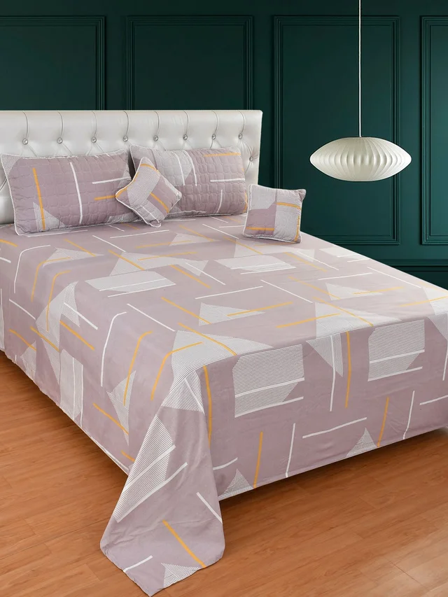 MORADO Glace Cotton 5 Pcs with Beautiful White Pompom Lace Bedding Set | Double Bed Size Bedsheet with 2 Pillow Covers and 2 Filled Cushions (90x100 Inches - Brown) - 90x100 Inches, Brown