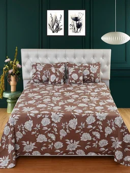 MORADO Glace Cotton 5 Pcs with Beautiful White Pompom Lace Bedding Set | Double Bed Size Bedsheet with 2 Pillow Covers and 2 Filled Cushions (90x100 Inches - Coffee) - 90x100 Inches, Coffee