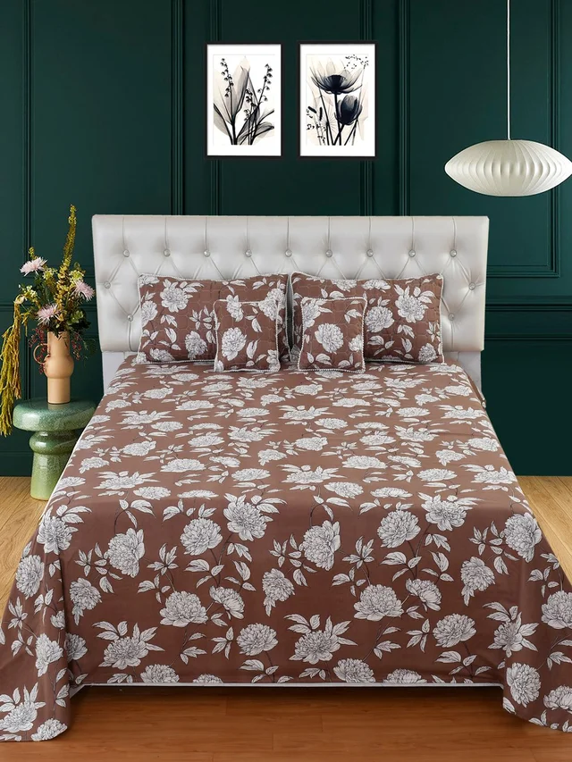 MORADO Glace Cotton 5 Pcs with Beautiful White Pompom Lace Bedding Set | Double Bed Size Bedsheet with 2 Pillow Covers and 2 Filled Cushions (90x100 Inches - Coffee) - 90x100 Inches, Coffee