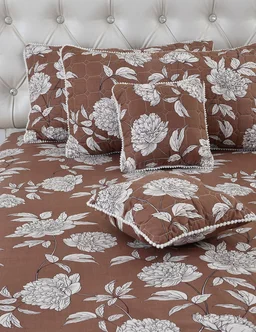 MORADO Glace Cotton 5 Pcs with Beautiful White Pompom Lace Bedding Set | Double Bed Size Bedsheet with 2 Pillow Covers and 2 Filled Cushions (90x100 Inches - Coffee) - 90x100 Inches, Coffee