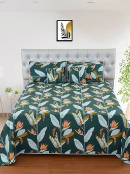MORADO Glace Cotton 5 Pcs with Beautiful White Pompom Lace Bedding Set | Double Bed Size Bedsheet with 2 Pillow Covers and 2 Filled Cushions (90x100 Inches - Dark Green) - 90x100 Inches, Dark Green