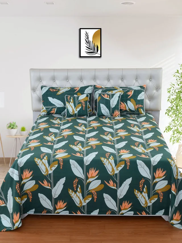 MORADO Glace Cotton 5 Pcs with Beautiful White Pompom Lace Bedding Set | Double Bed Size Bedsheet with 2 Pillow Covers and 2 Filled Cushions (90x100 Inches - Dark Green) - 90x100 Inches, Dark Green