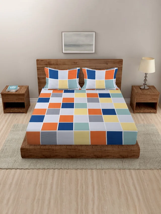 MORADO Premium Glace Cotton Double Bedsheet with 2 King Size Pillow Covers (90x100 Inches) - Multicolor