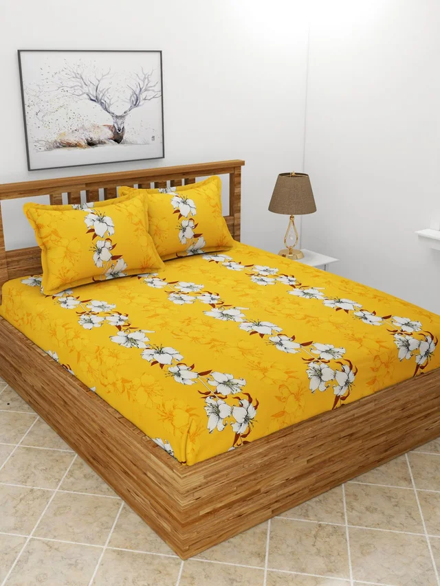 MORADO Premium Glace Cotton Double Bedsheet with 2 King Size Pillow Covers (90x100 Inches) - Mustard