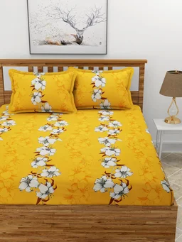 MORADO Premium Glace Cotton Double Bedsheet with 2 King Size Pillow Covers (90x100 Inches) - Mustard