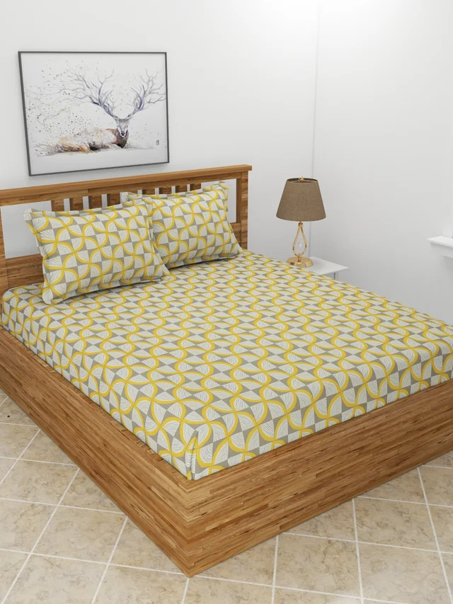 MORADO Premium Glace Cotton Double Bedsheet With 2 King Size Pillow Covers (90x100 Inches) - 72x78x8 Inches, Beige
