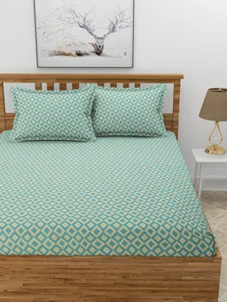 MORADO Premium Glace Cotton Elastic Fitted Double Bedsheet With 2 Pillow Covers (72x78x8 Inches) - 72x78x8 Inches, Green