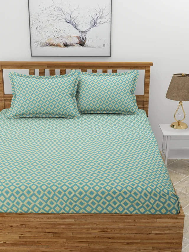 MORADO Premium Glace Cotton Elastic Fitted Double Bedsheet With 2 Pillow Covers (72x78x8 Inches) - 72x78x8 Inches, Green