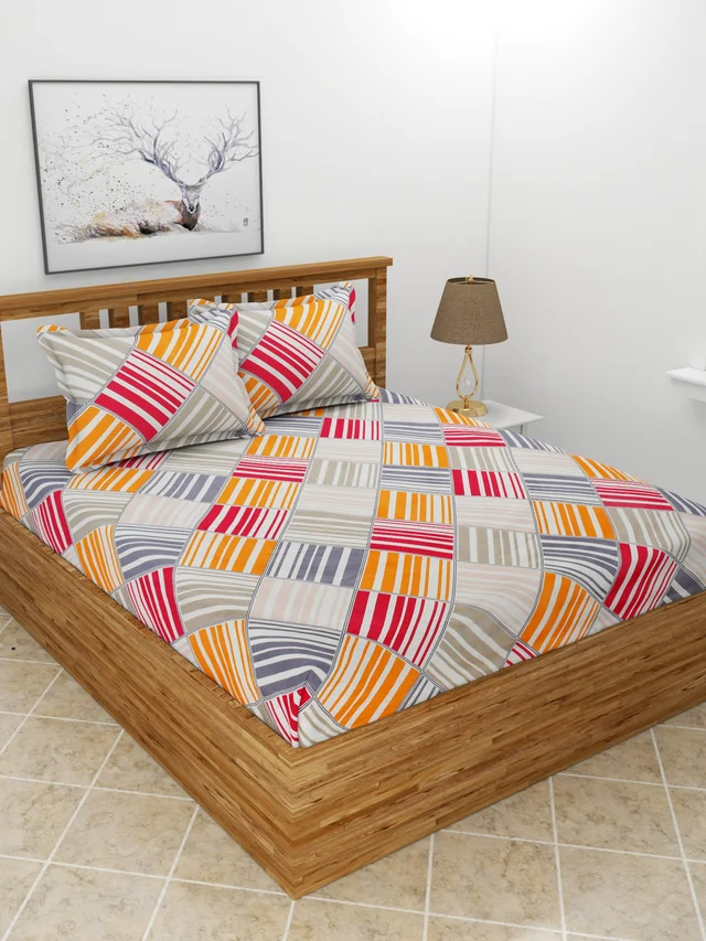 MORADO Premium Glace Cotton Double Bedsheet With 2 King Size Pillow Covers (90x100 Inches) - 90x100 Inches, Multicolor